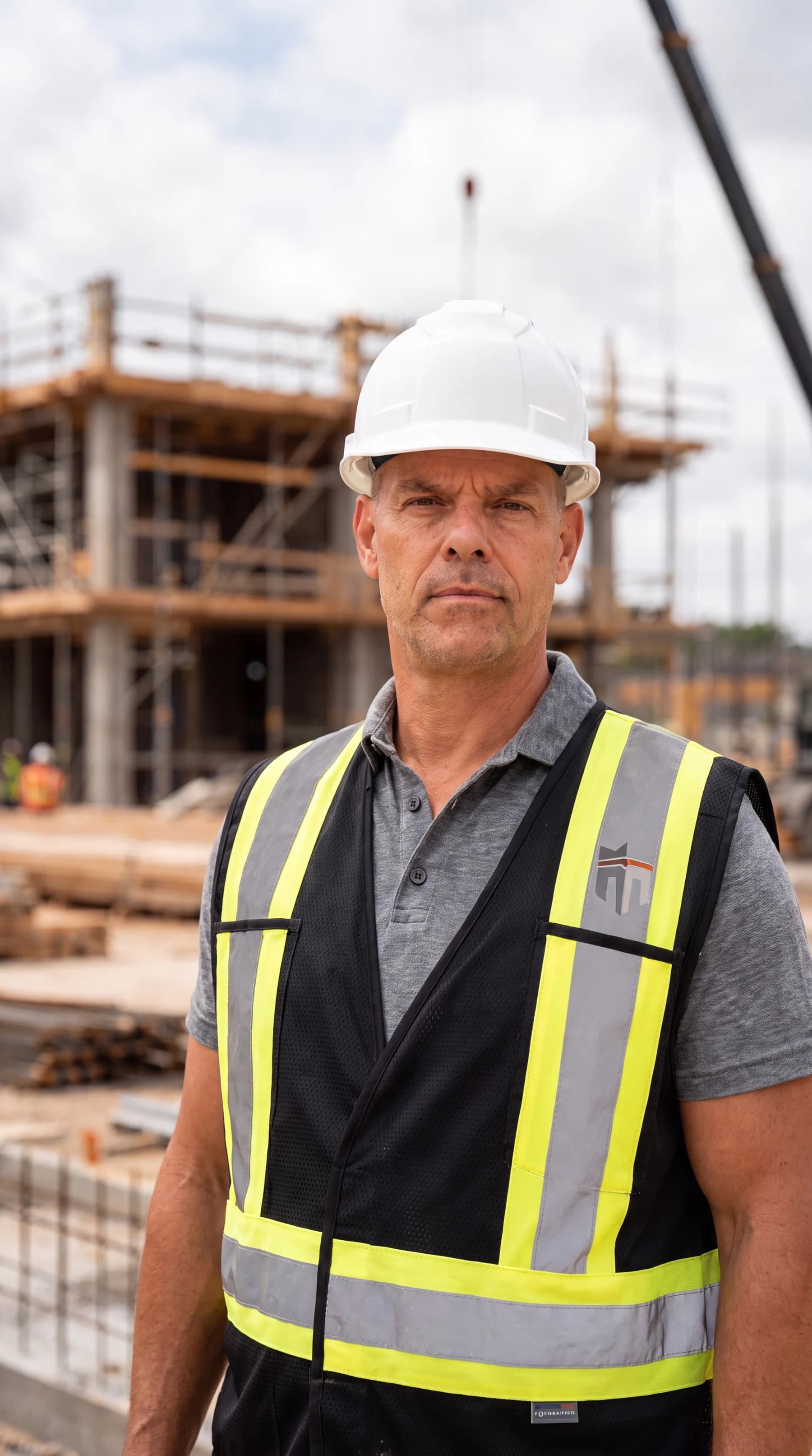 Troy Saikaley wearing a hard hat at a construction site